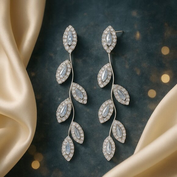 Leaf Drop Earrings Silver Plated S925 CZ Minimalist Statement Sparkling Dangles - Picture 5 of 12